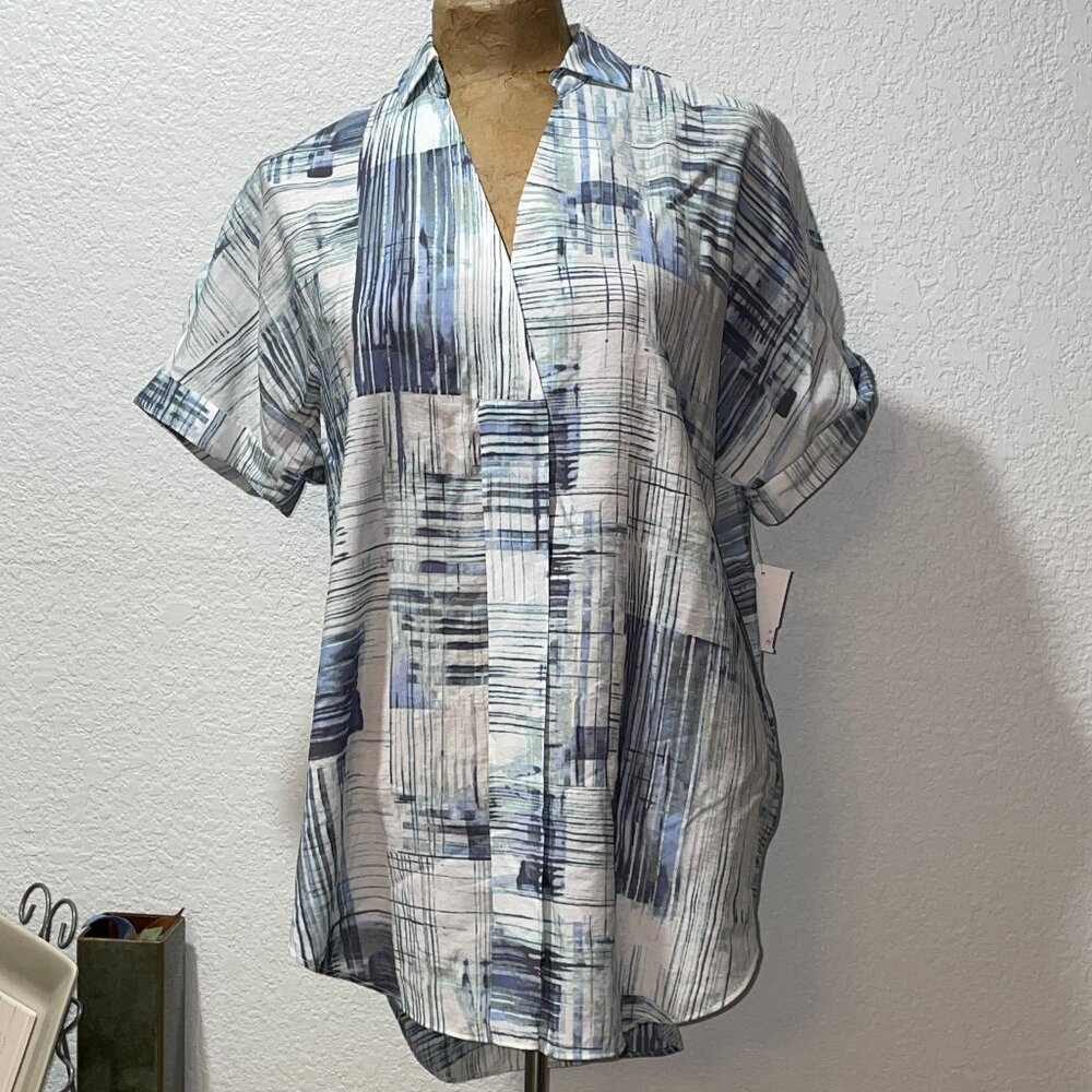NWT $138 NIC + ZOE Blue White Hi Low Blouse XS